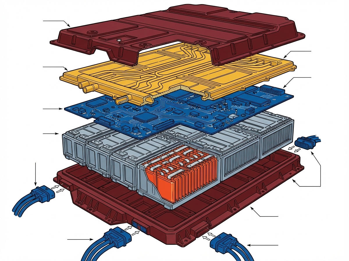 Exploded view of an EV battery pack showing protective cover, cooling system, battery management circuit board, module clusters, individual cells, and crash structure