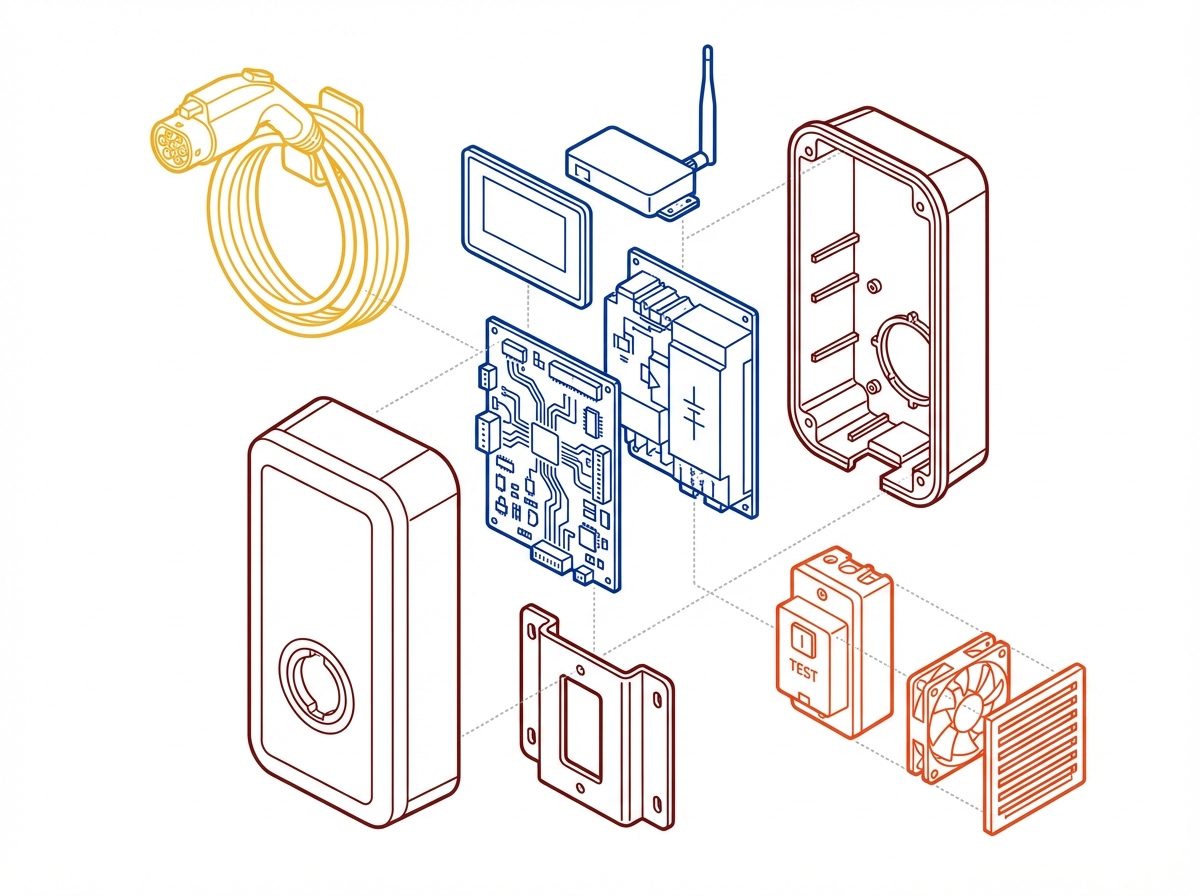 Exploded cutaway view of a Level 2 EV charging station showing all major components: housing, circuit board, power electronics, cable management, and connector