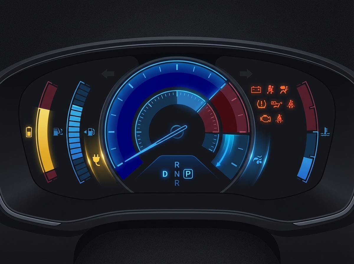 Modern electric vehicle digital instrument cluster showing speedometer, battery state of charge, range indicator, regenerative braking, and drive mode selector