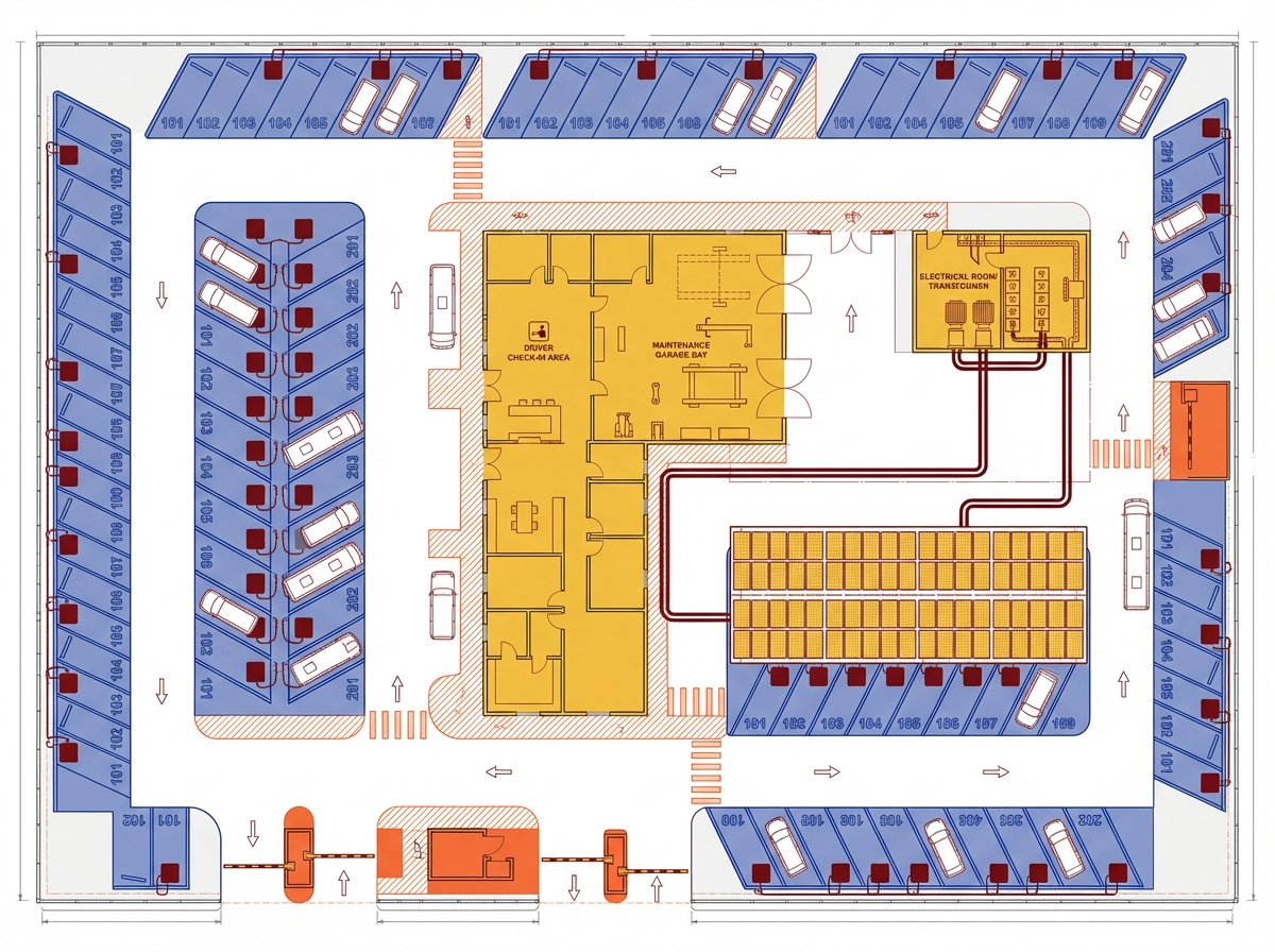 Overhead facility layout of an electric fleet depot showing numbered parking bays, charging stations, operations building, maintenance garage, and solar canopy