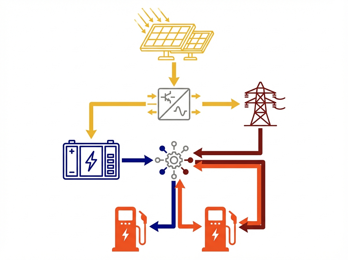 Energy flow diagram of solar-integrated EV charging system showing solar panels, inverter, battery storage, grid connection, and smart charging controller