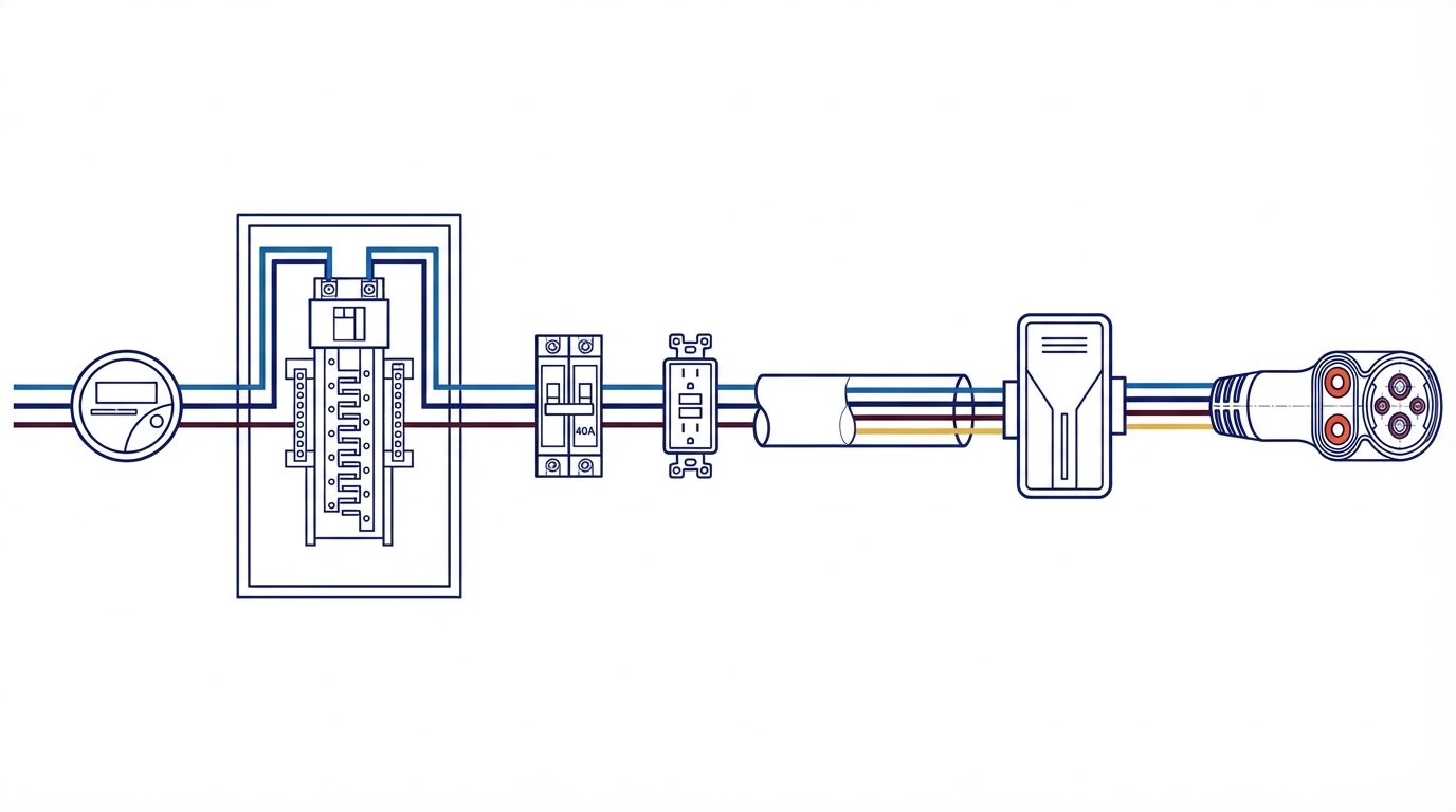 Electrical wiring diagram showing path from utility meter through main panel, dedicated circuit breaker, conduit, EVSE unit, to vehicle inlet with color-coded conductors