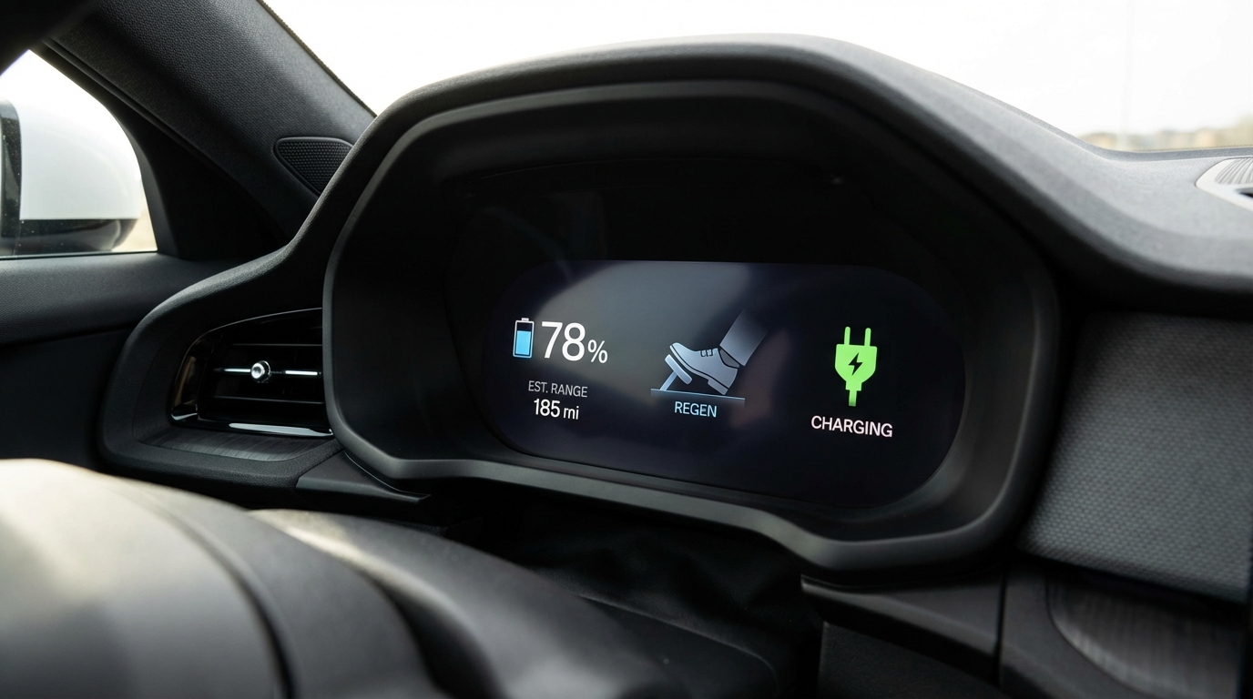 Close-up view of an electric vehicle dashboard showing state of charge and range indicators
