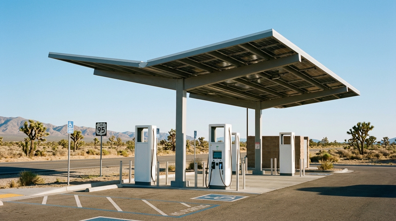 EV charging station along a Southwest highway corridor with desert mountains in background