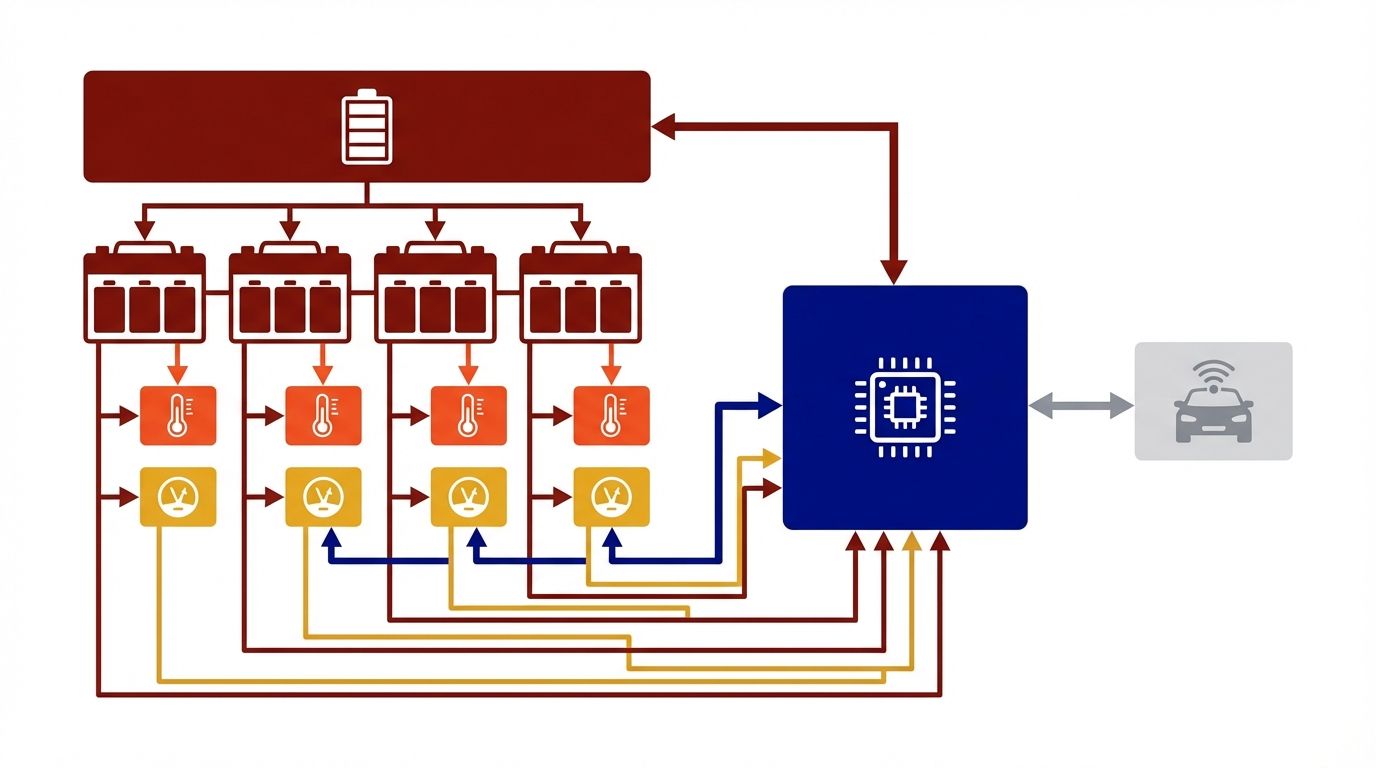 Block diagram of electric vehicle battery management system showing BMS controller connected to cell modules, temperature sensors, and communication interface