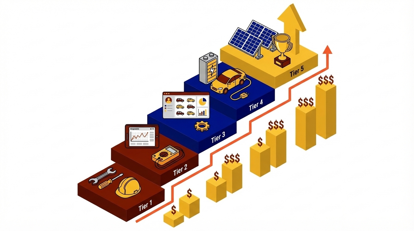 Career pathway diagram showing progression from entry-level EV technician roles through mid-level technical positions to senior management with certification milestones