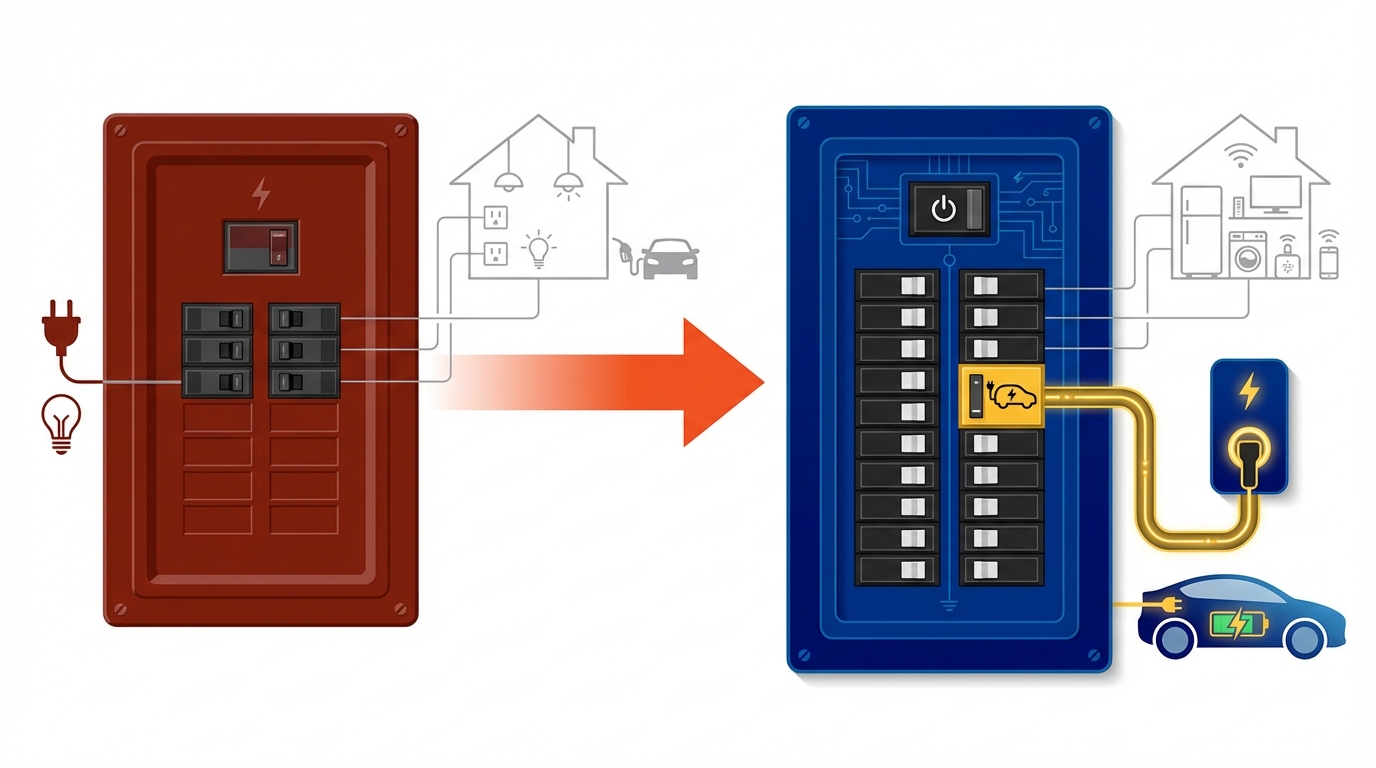 Before and after comparison diagram showing electrical panel upgrade for EV charging installation with added dedicated circuit and conduit