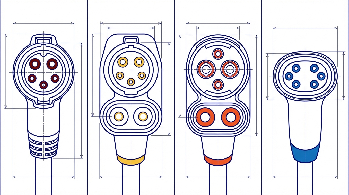 Technical comparison illustration of four EV charging connector types: J1772, CCS Combo, CHAdeMO, and NACS shown as detailed drawings