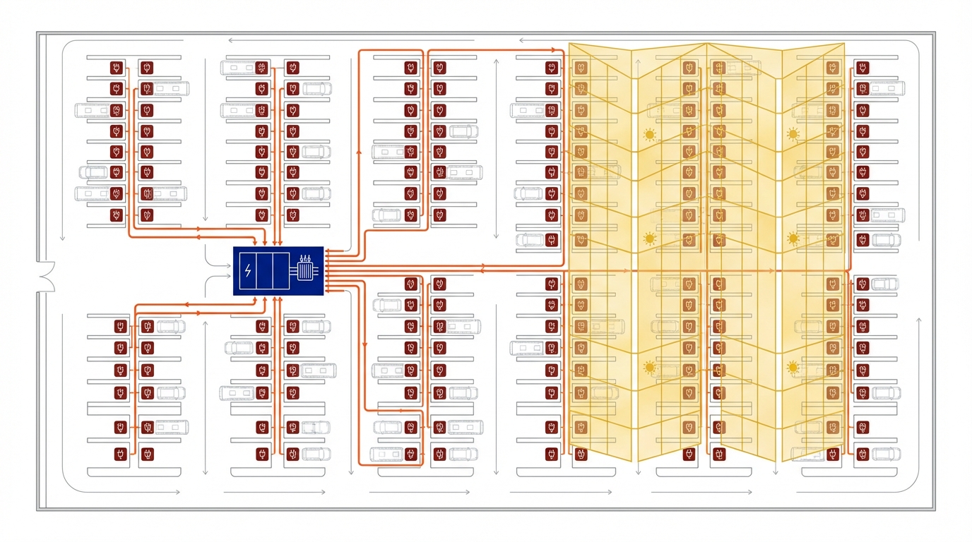 Overhead diagram of fleet vehicle charging depot layout showing parking bays, charging stations, power distribution, and solar canopy
