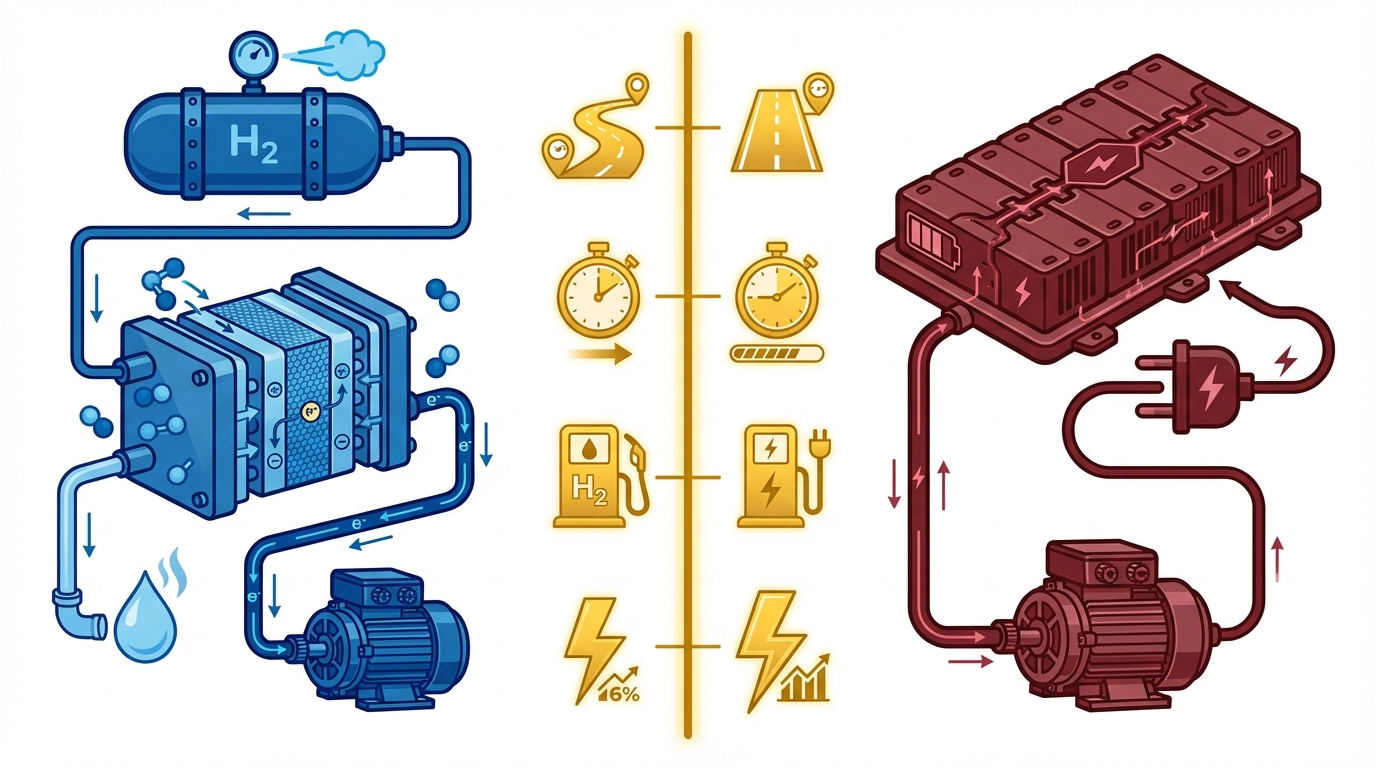 Split comparison infographic of hydrogen fuel cell versus battery electric vehicle systems showing component differences and key metric comparisons