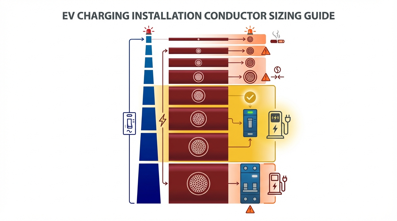 Visual reference chart for NEC 625 electrical conductor sizing showing wire gauge sizes, circuit breaker ratings, and recommended configurations