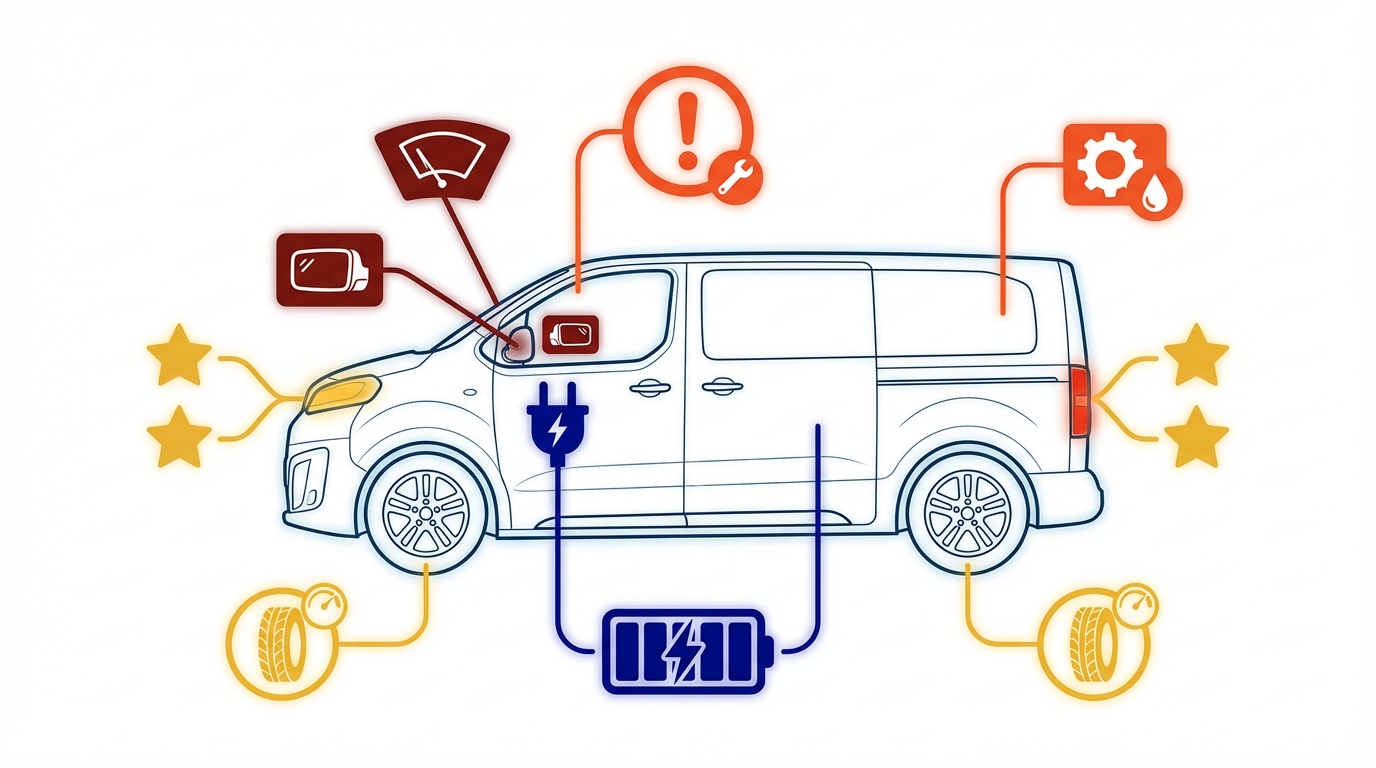 Visual pre-trip inspection checklist showing an electric van with color-coded inspection points for tires, lights, charging port, mirrors, and battery