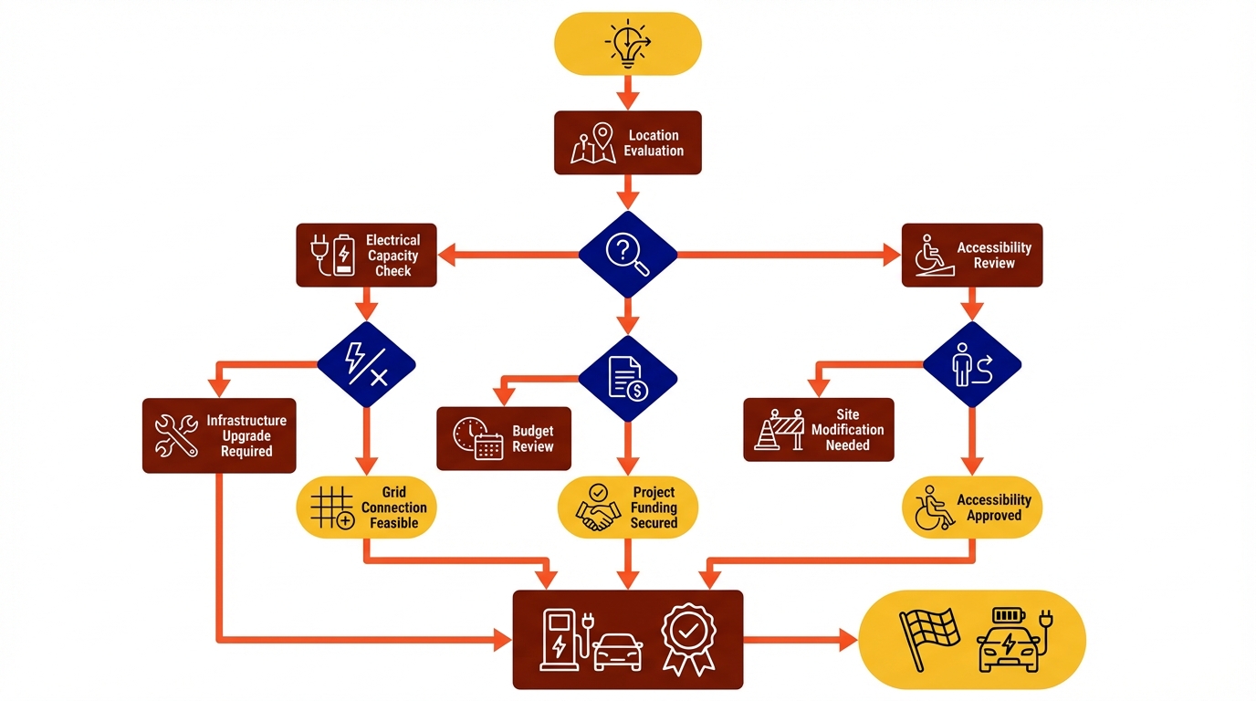 Decision flowchart diagram for EV charging site assessment showing branching evaluation steps from location review through electrical capacity to final approval