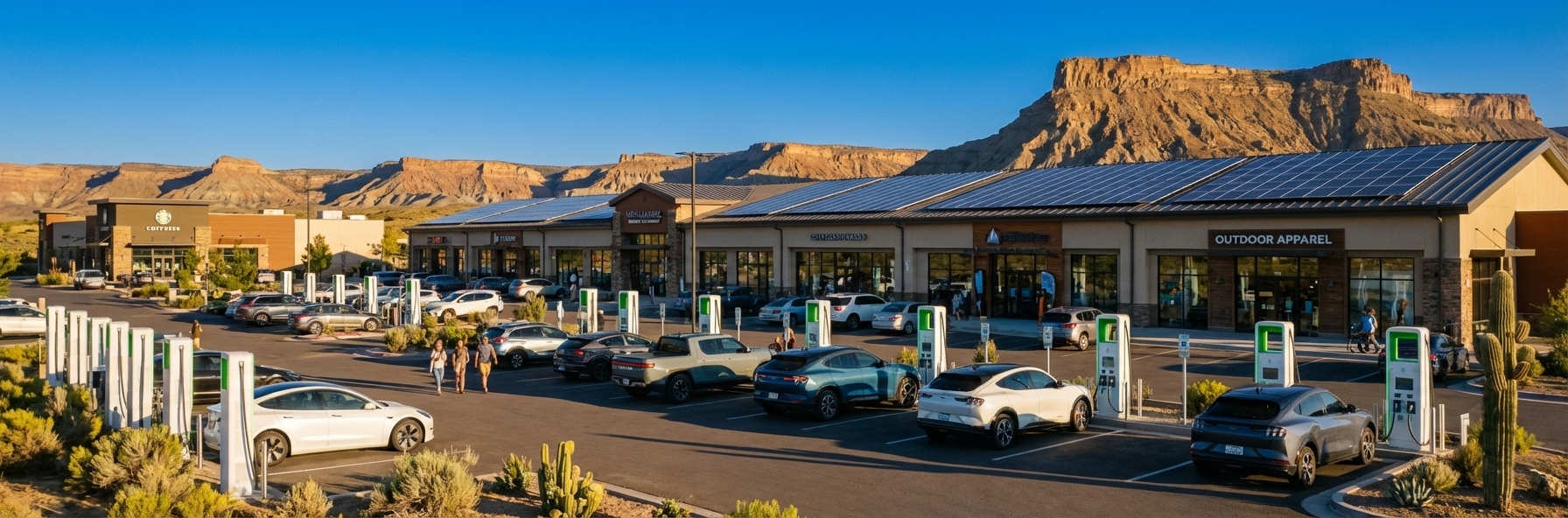 Modern EV charging station at a retail plaza with multiple vehicles charging while customers shop, solar panels on the roof, desert mountains in background