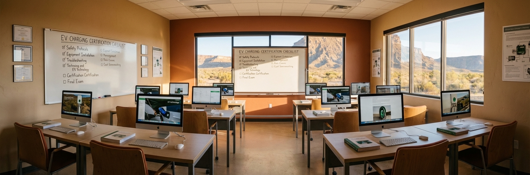 Modern training classroom with desks, computers, and certification materials, natural light from windows showing desert landscape outside