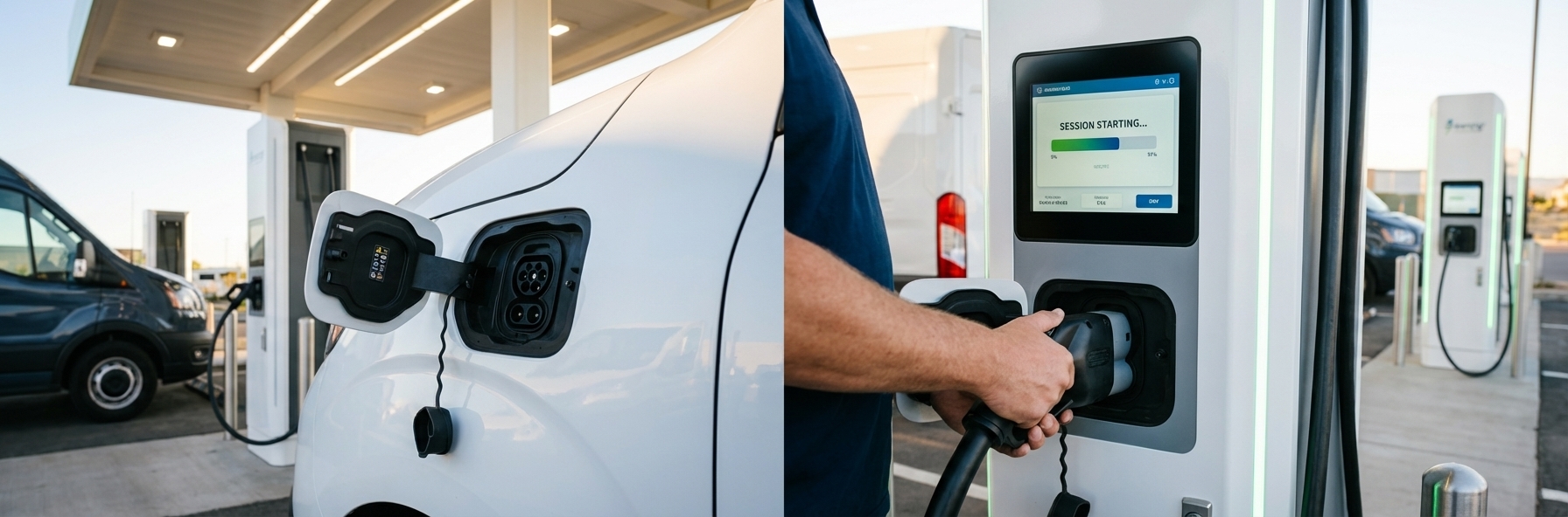 Driver plugging a CCS charging connector into an electric fleet van at a commercial charging station, showing proper connector alignment