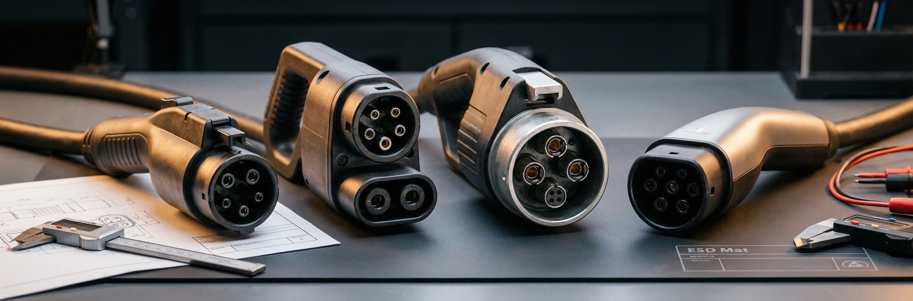 Close-up of multiple EV charging connector types including J1772, CCS Combo, CHAdeMO, and NACS arranged on a technical workbench with studio lighting
