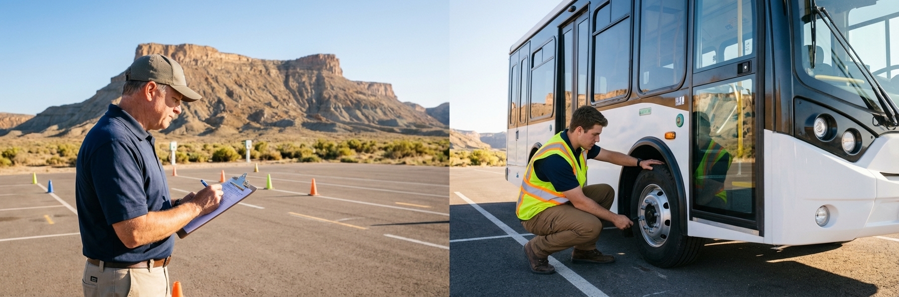 Instructor observing a trainee performing pre-trip vehicle inspection on an electric shuttle bus at a professional training facility with desert backdrop
