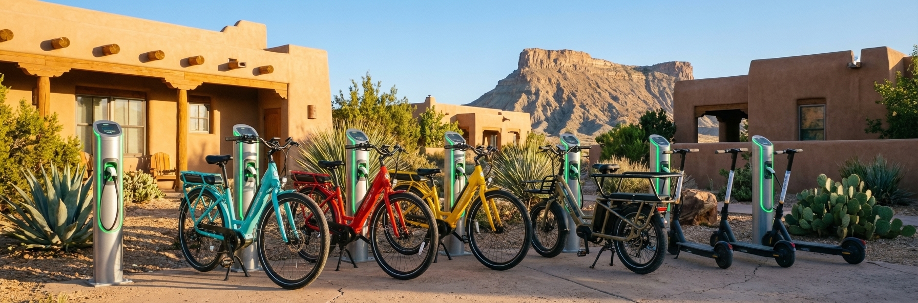 Electric bicycles and e-scooters parked at a modern bike-share station in a southwestern community with desert-adapted landscaping