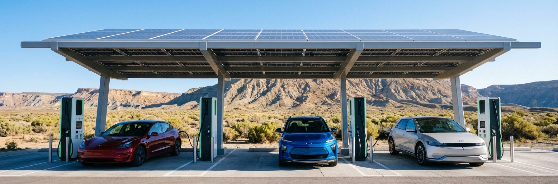 Modern electric passenger cars charging side by side at a public charging station with solar shade structure and desert landscape