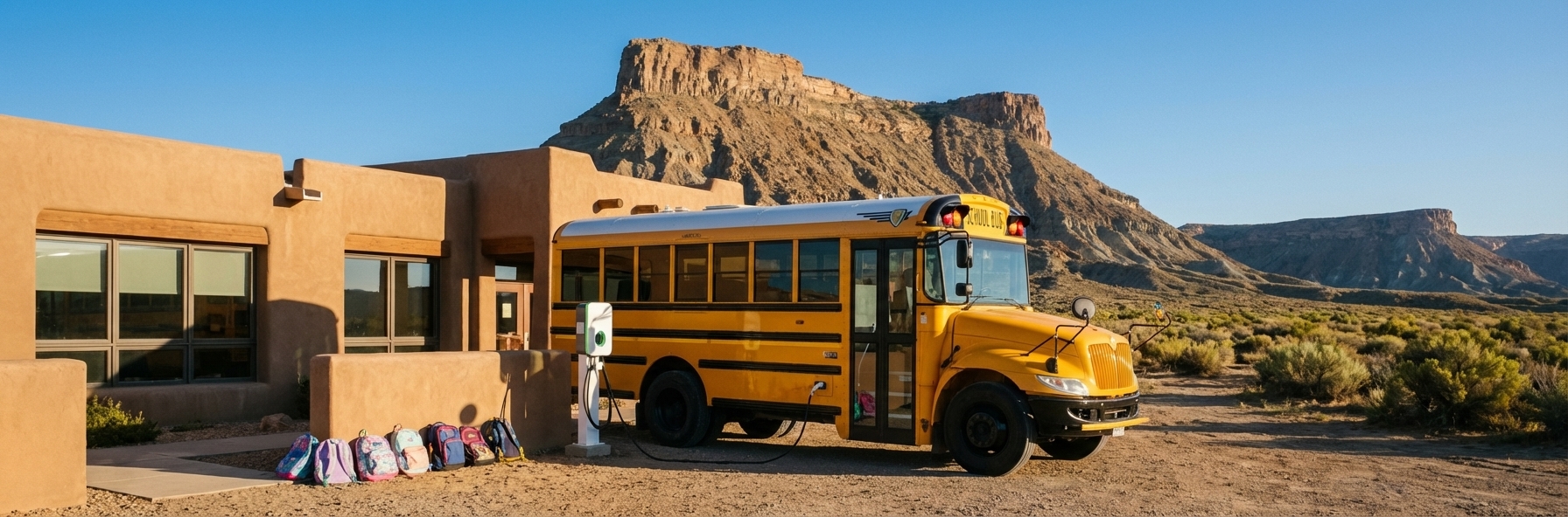 Yellow electric school bus plugged into a charging station at a school campus in the American Southwest with mountain backdrop