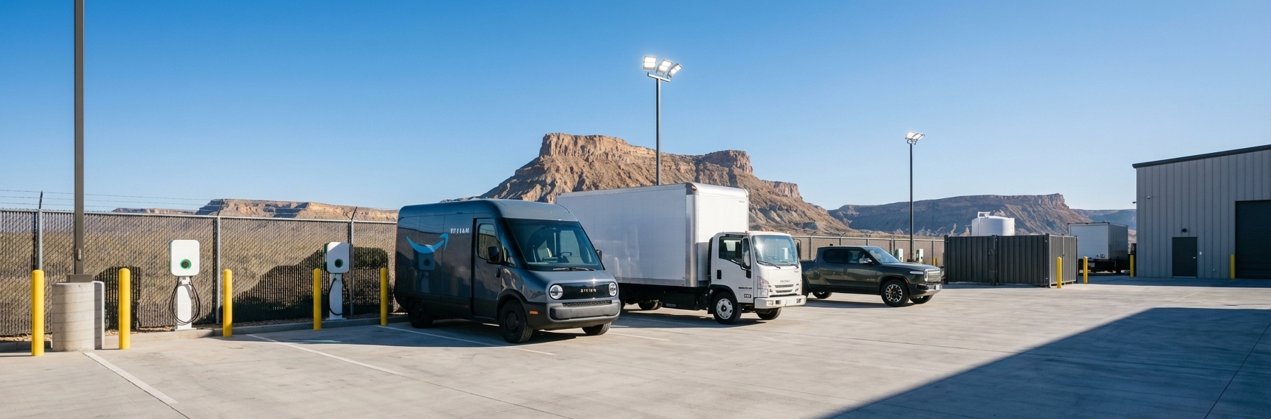Electric commercial vehicles including delivery vans and trucks at a freight depot with DC fast charging stations and desert landscape