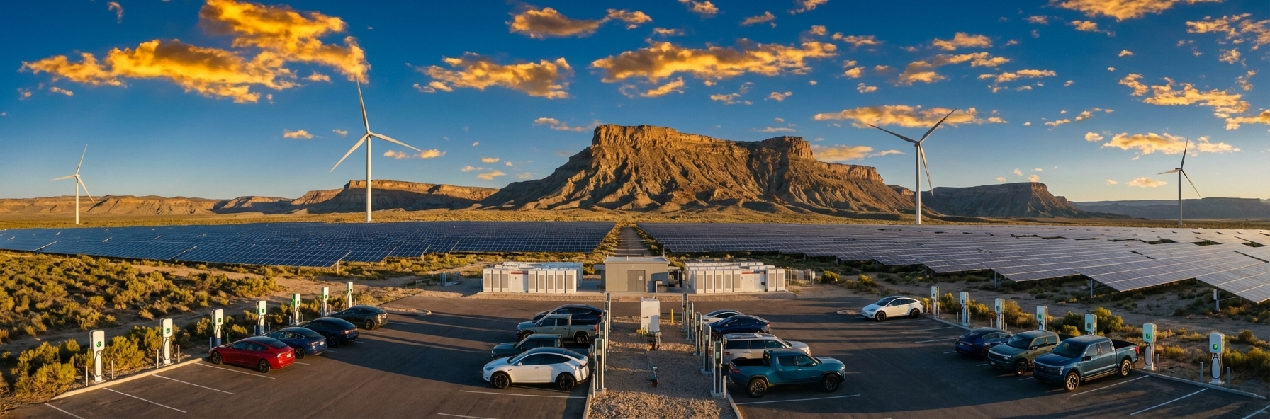 Panoramic view of a sustainable energy hub with solar arrays, wind turbines, EV charging stations, and battery storage in the American Southwest desert