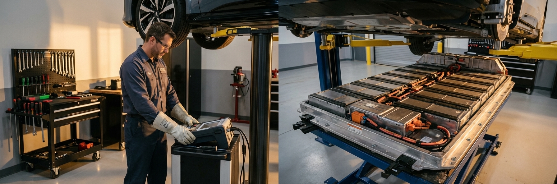 EV technician working on an electric vehicle battery pack in a modern automotive service bay with specialized diagnostic equipment