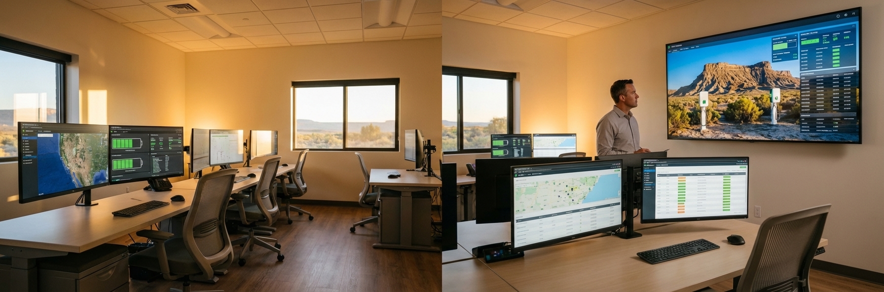 Fleet operations control room with multiple monitor screens showing vehicle tracking maps, battery levels, and maintenance schedules
