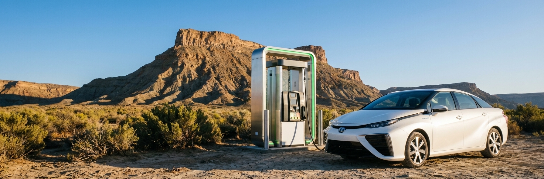 Hydrogen fuel cell vehicle at a hydrogen refueling station with clean futuristic industrial infrastructure and desert sky