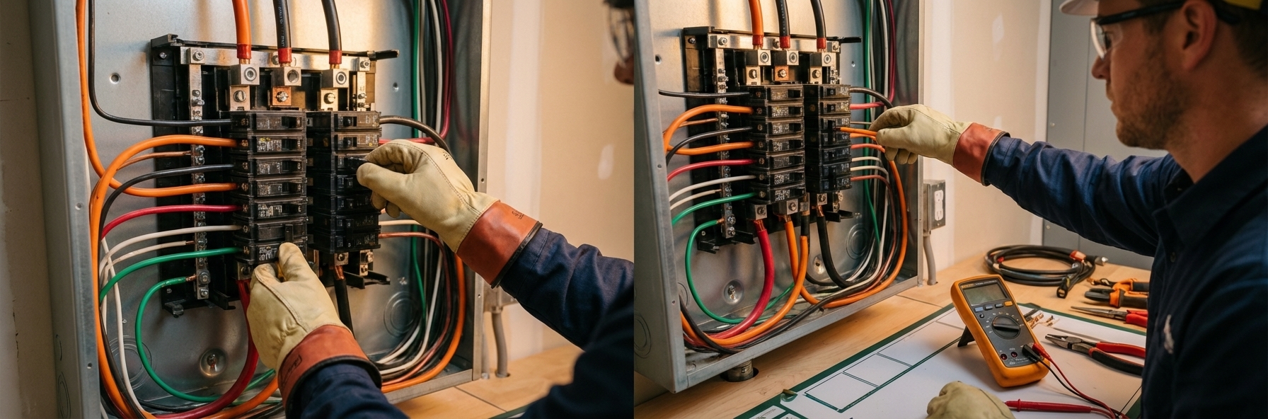 Licensed electrician working on circuit breakers and heavy-gauge wiring in an open electrical panel being upgraded for EV charging station installation