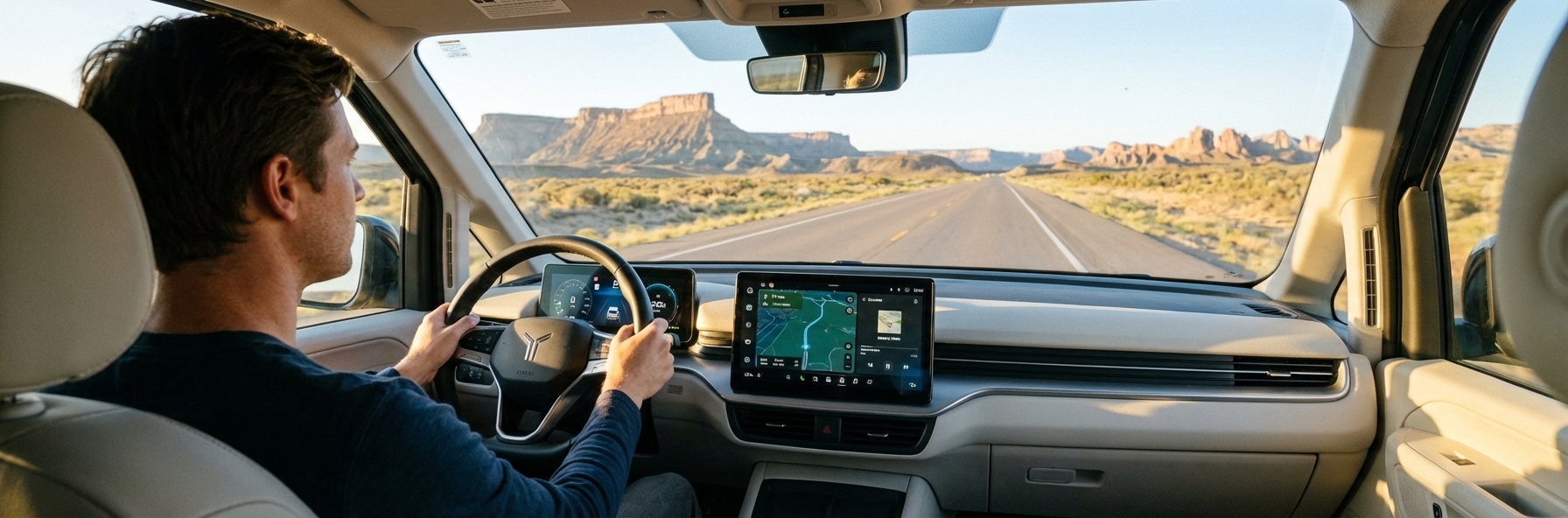 Driver sitting in a modern electric van viewing the digital instrument cluster dashboard, with a desert highway visible through the windshield