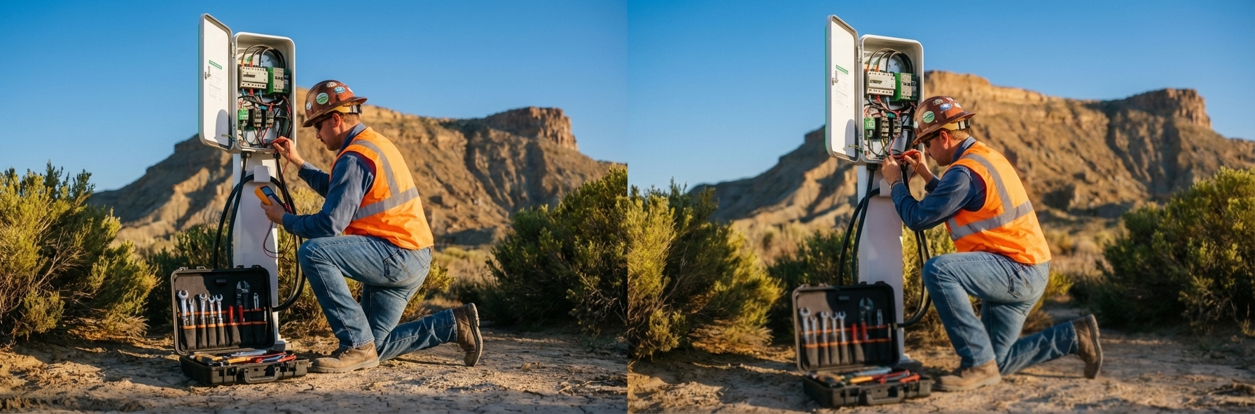 Technician in safety vest and hard hat performing maintenance on an EV charging station using a multimeter, with desert landscape in background