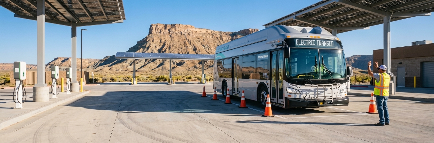 Electric shuttle bus being maneuvered into a parking space at a transit depot with safety cones and a spotter guiding the driver