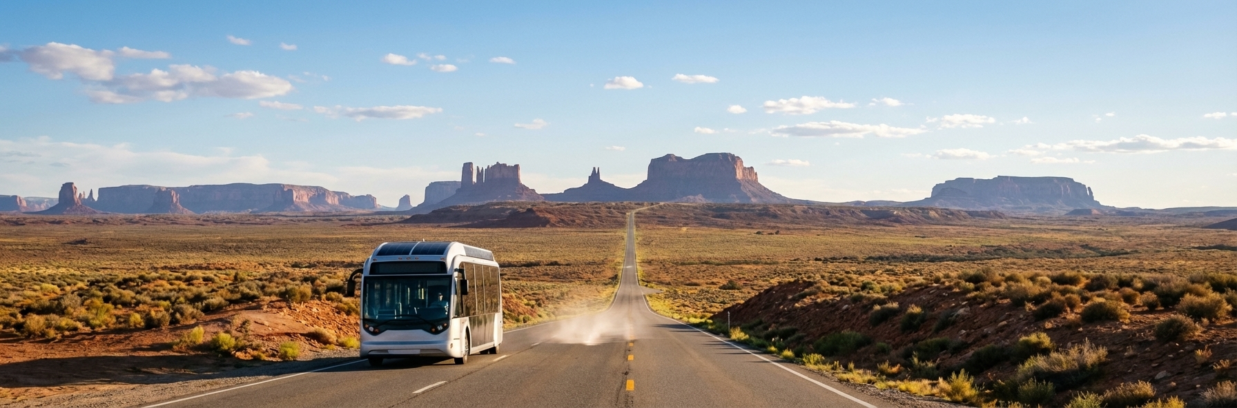 Long straight desert highway stretching through the Mojave Desert with dramatic buttes and mesas, an electric shuttle bus driving along the road