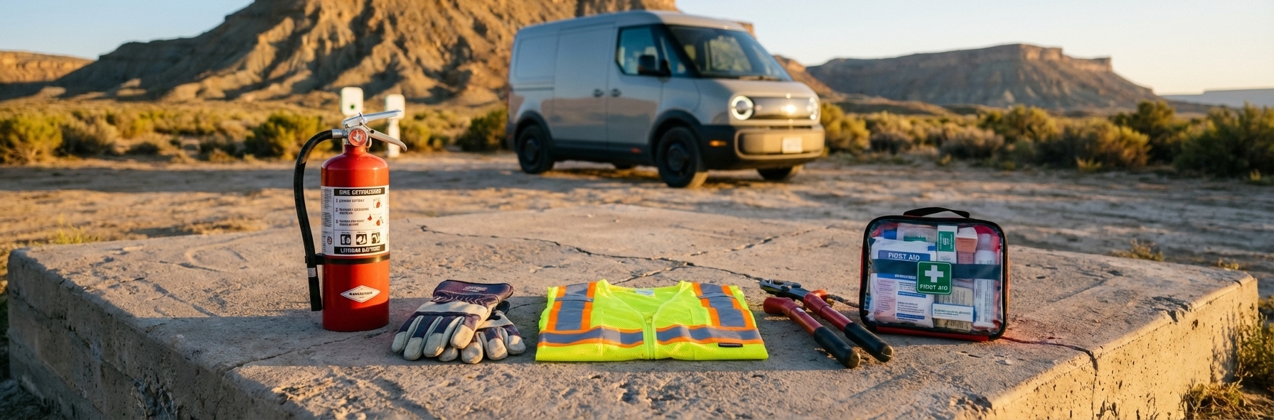 Emergency safety equipment for electric vehicles including fire extinguisher, safety gloves, high-visibility vest, and emergency tools arranged near an EV