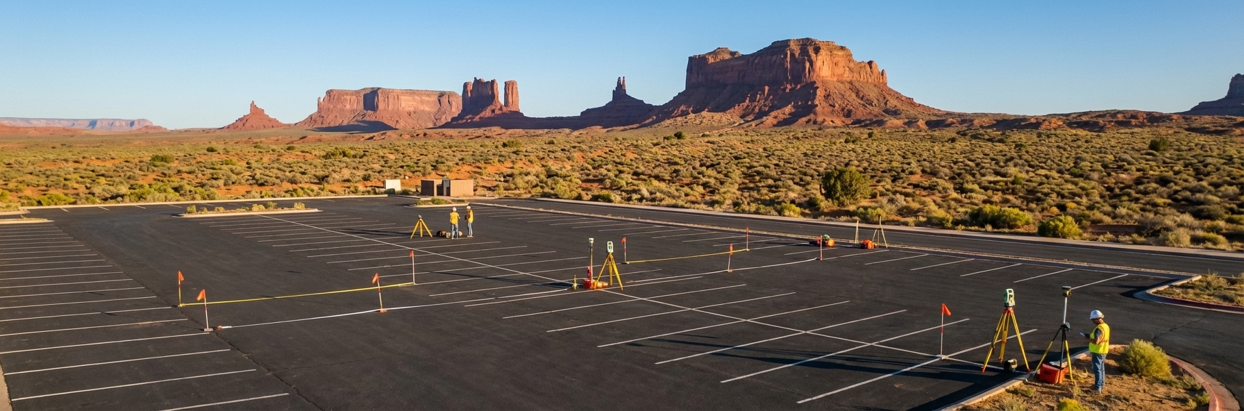Aerial view of a commercial parking lot being surveyed for EV charging station installation with survey markers and desert rock formations in the background