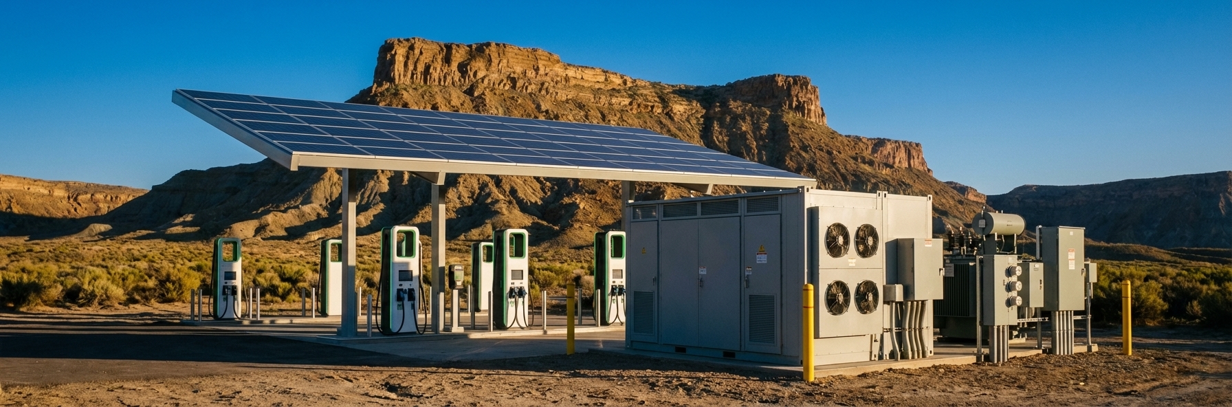 Modern solar-powered EV charging hub with battery energy storage system, DC fast chargers, and solar canopy in the American Southwest desert